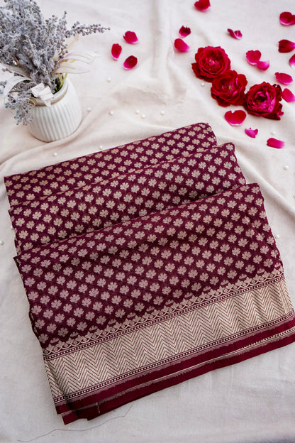 Maroon Pure Cotton Kataan Silk Jangla Handloom Banarasi Saree