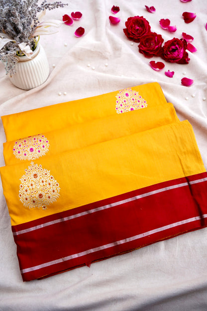 Yellow Handwoven Pure Kataan Silk Kadhua Buta Benarasi Saree