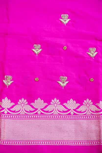 Pink Handwoven Kataan Silk Banarasi Saree with Hand Embroidery