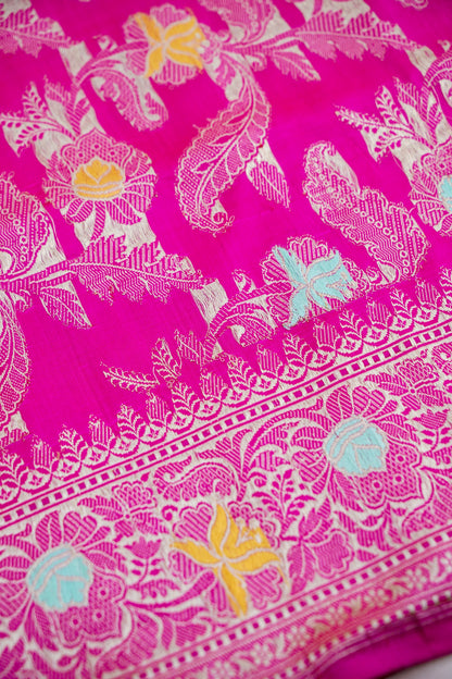 Pink Handwoven Pure Kataan Silk Kadhua Jangla Benarasi Saree