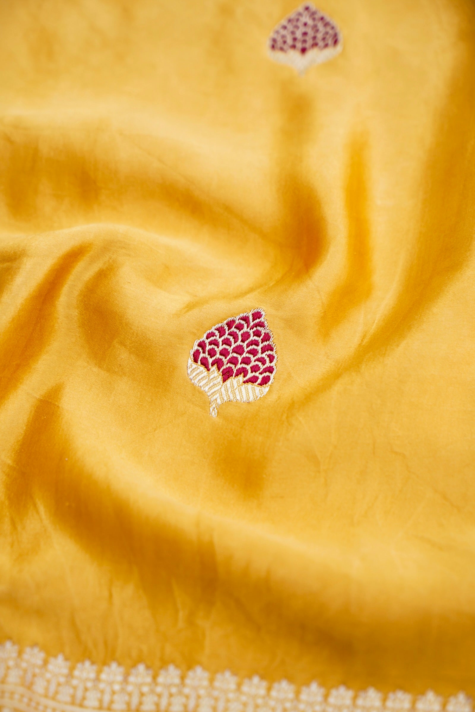 Golden Mustard Handloom Satin Silk Shikargah Banarasi Saree