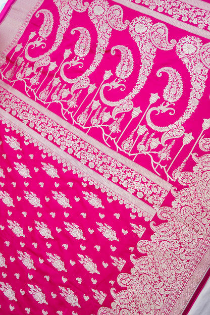 Pink Handwoven Pure Mashru Kataan Silk Buti Banarasi Saree