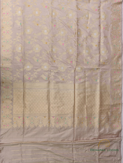 Beige Handloom Kataan Silk Jangla Banarasi Saree