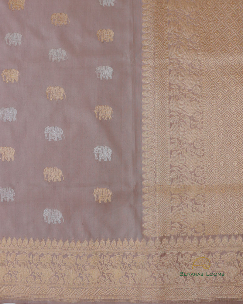 Beige Handloom Kataan Silk Shikargah Buti Banarasi Silk Saree