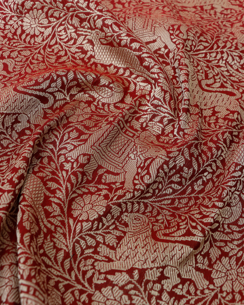 Maroon Pure Kataan Silk Shikargah Jangla Handwoven Banarasi Saree