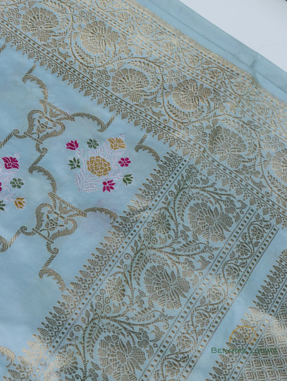 Sky Blue Handloom Kataan Silk Kadhua Jangla Banarasi Saree