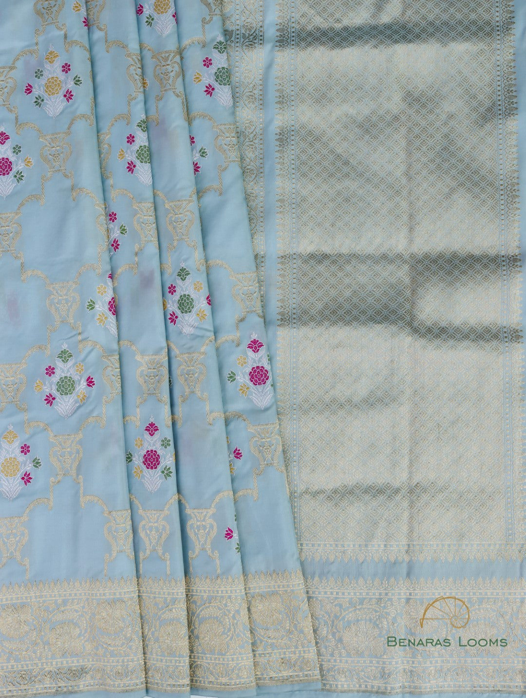 Sky Blue Handloom Kataan Silk Kadhua Jangla Banarasi Saree