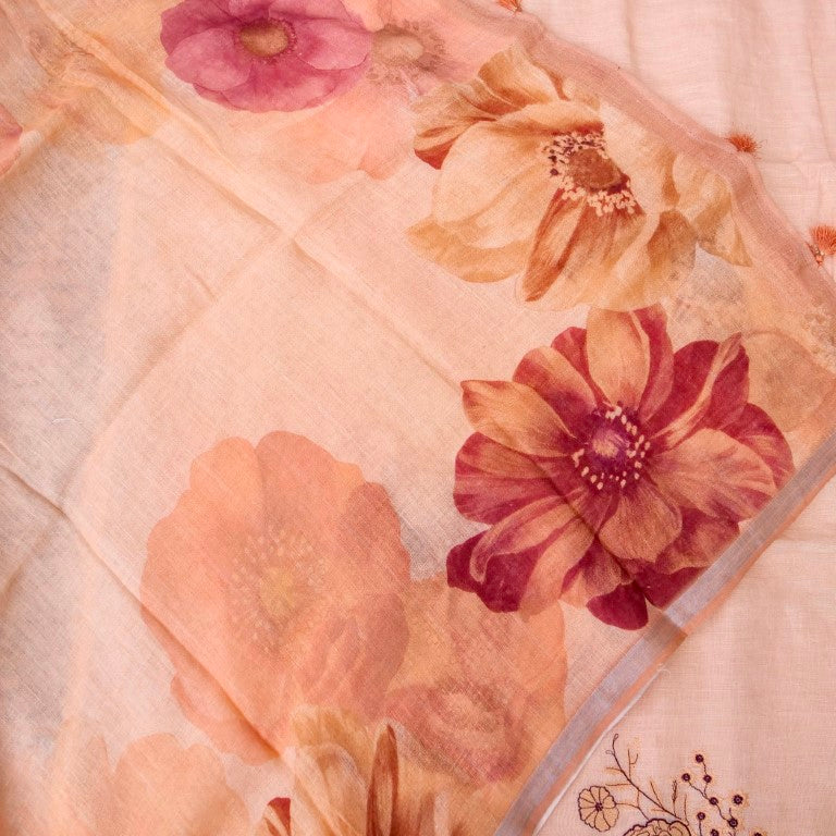 Peach Linen Silk Printed Unstitched Suit Fabric