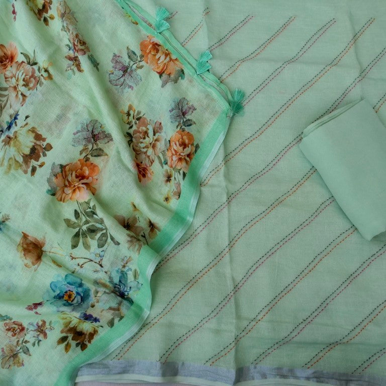 Green Linen Silk Printed Unstitched Suit Fabric