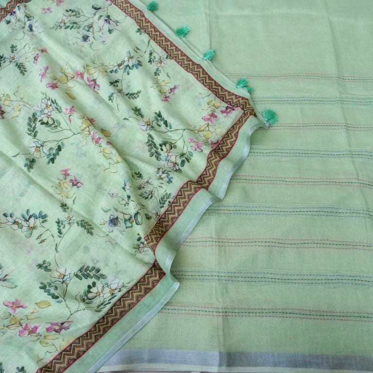 Pista Green Linen Silk Printed Unstitched Suit Fabric