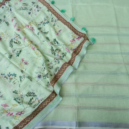 Pista Green Linen Silk Printed Unstitched Suit Fabric