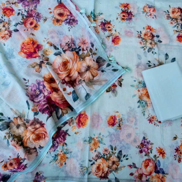 Sky Blue Linen Silk Printed Unstitched Suit Fabric
