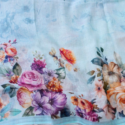Sky Blue Linen Silk Printed Unstitched Suit Fabric