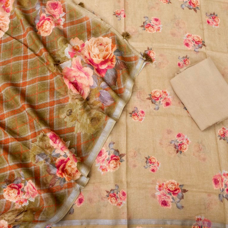 Olive Green Linen Silk Printed Unstitched Suit Fabric