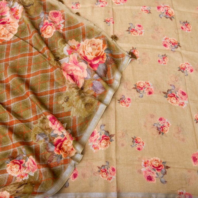 Olive Green Linen Silk Printed Unstitched Suit Fabric