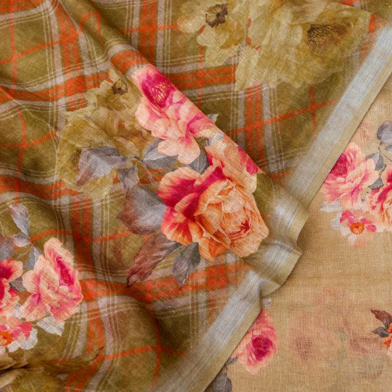 Olive Green Linen Silk Printed Unstitched Suit Fabric