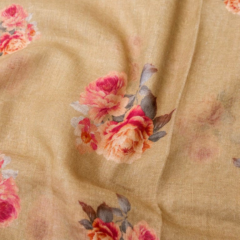 Olive Green Linen Silk Printed Unstitched Suit Fabric