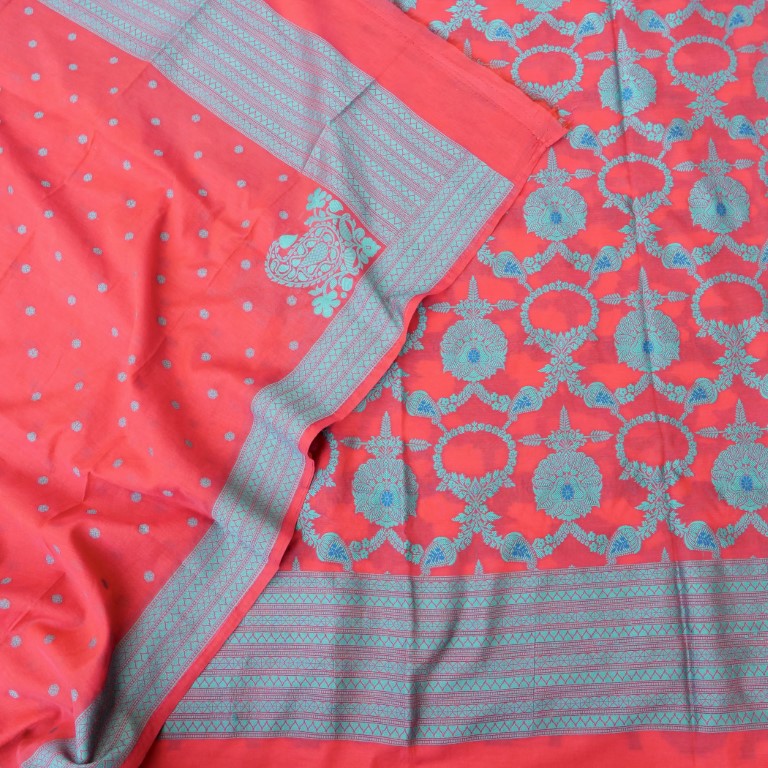 Red Cotton Silk Banarasi Unstitched Suit Fabric