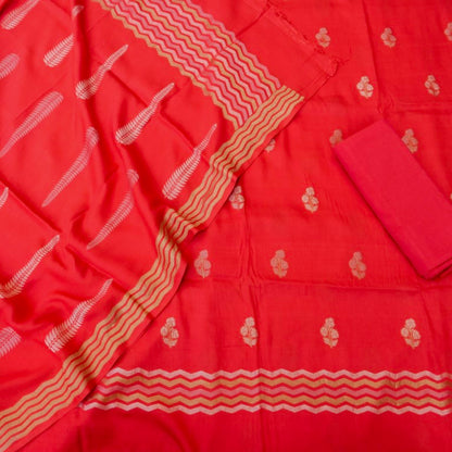Red Cotton Silk Banarasi Unstitched Suit Fabric