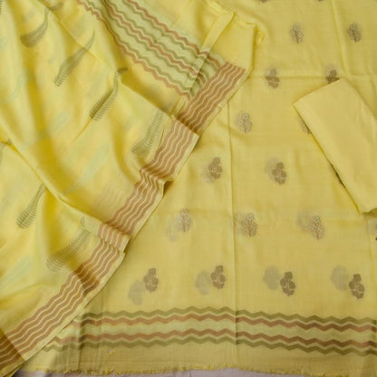 Lemon Yellow Cotton Silk Banarasi Unstitched Suit Fabric