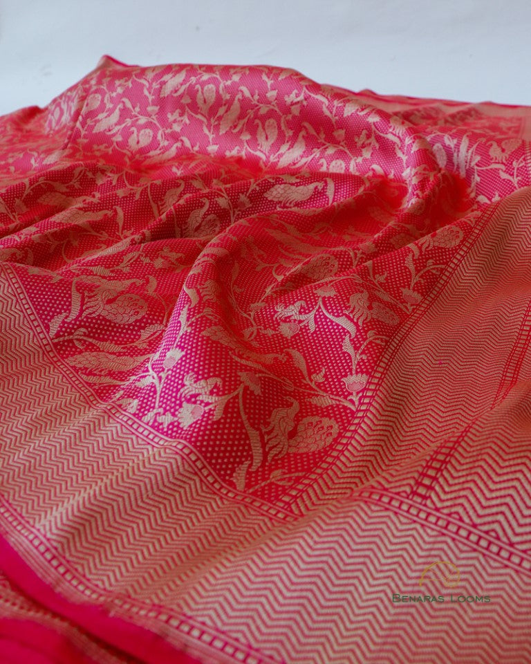 Pink Handloom Kataan Silk Shikargah Banarasi Saree