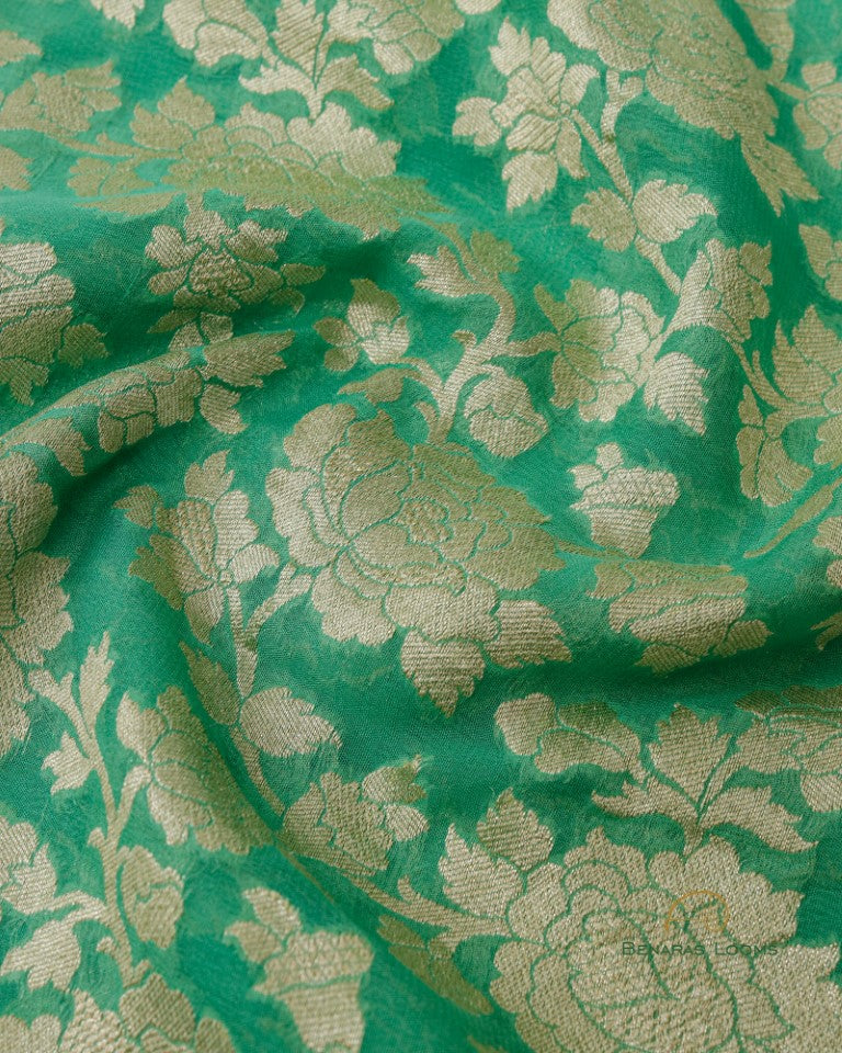 Green Handloom Georgette Jaal Banarasi Saree