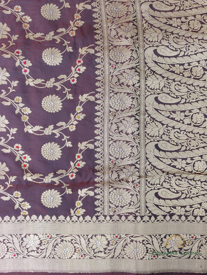 Wine Handloom Kataan Silk Kadhua Jaal Banarasi Saree