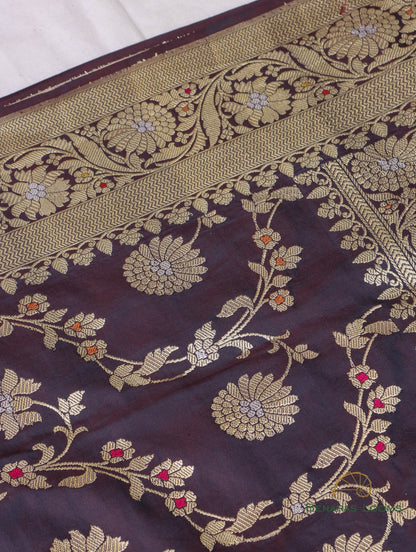 Wine Handloom Kataan Silk Kadhua Jaal Banarasi Saree