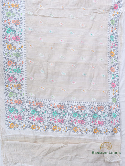 Cream Handloom Tussar Georgette Jaal Banarasi Saree