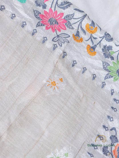 Cream Handloom Tussar Georgette Jaal Banarasi Saree