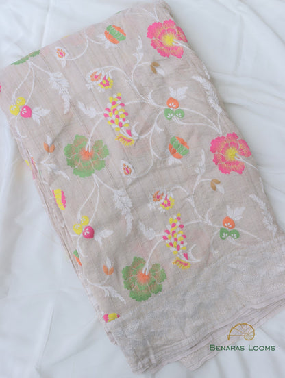 Cream Handloom Tussar Georgette Jaal Banarasi Saree