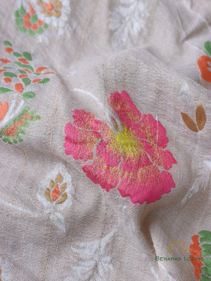 Cream Handloom Tussar Georgette Jaal Banarasi Saree