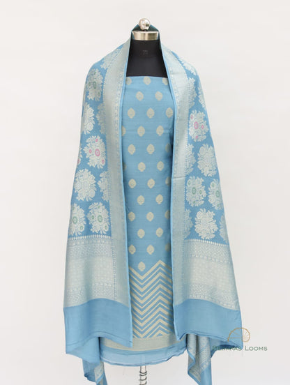 Blue Handwoven Pure Silk Banarasi Suit Fabric
