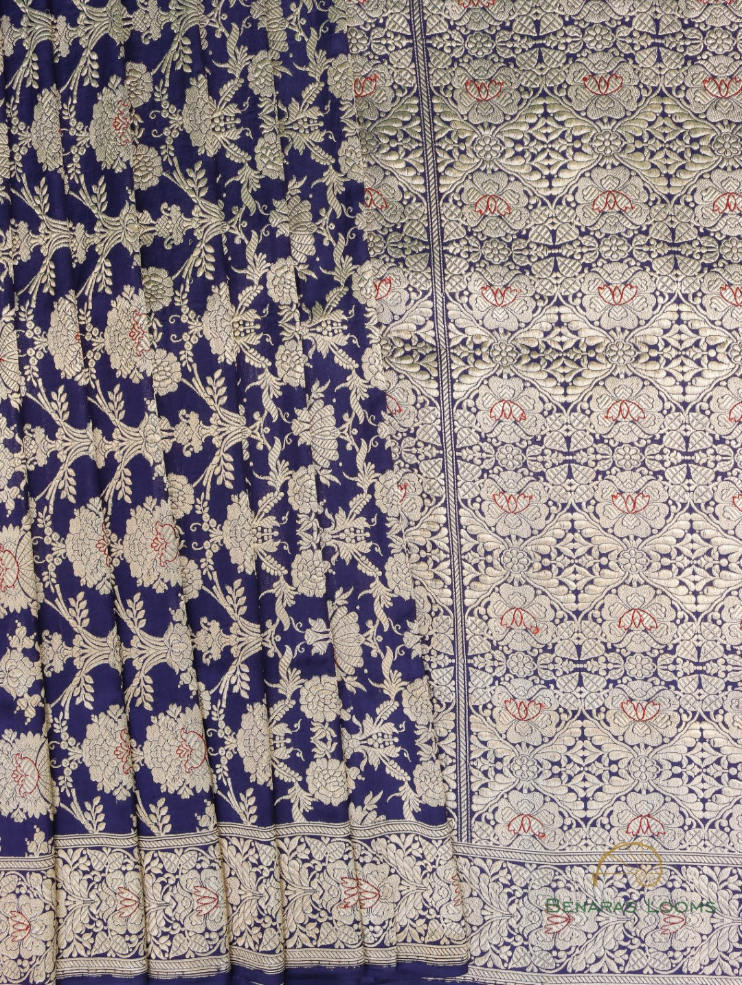 Navy Blue Handwoven Silk Kadhua Jangla Banarasi Saree