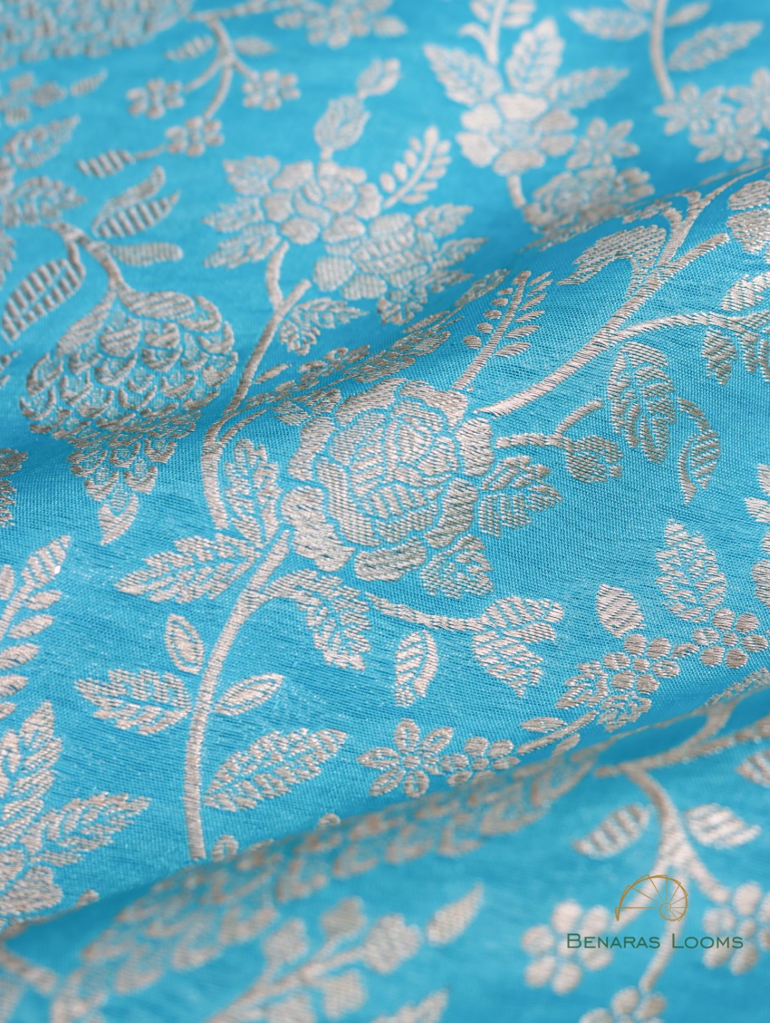 Blue Handwoven Pure Kataan Silk Brocade Jaal Banarasi Fabric
