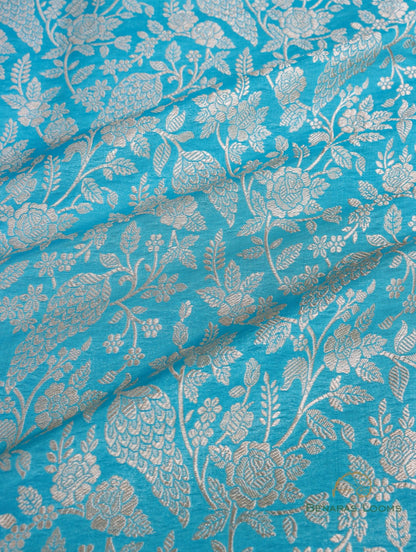 Blue Handwoven Pure Kataan Silk Brocade Jaal Banarasi Fabric