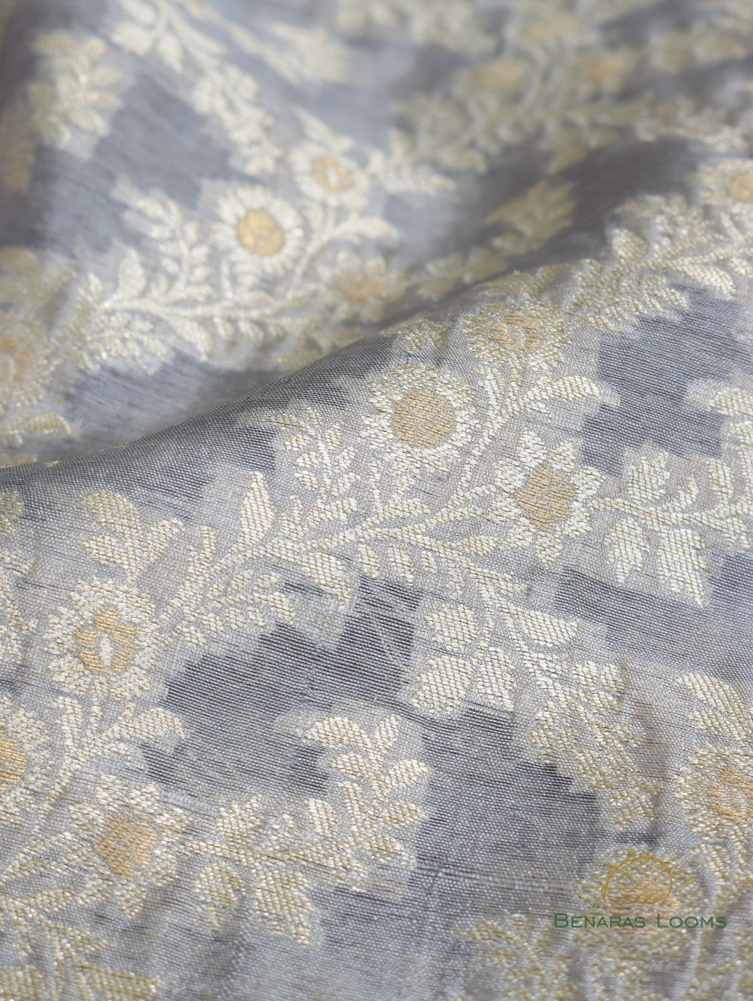 Grey Handwoven Pure Silk Cotton Banarasi Fabric