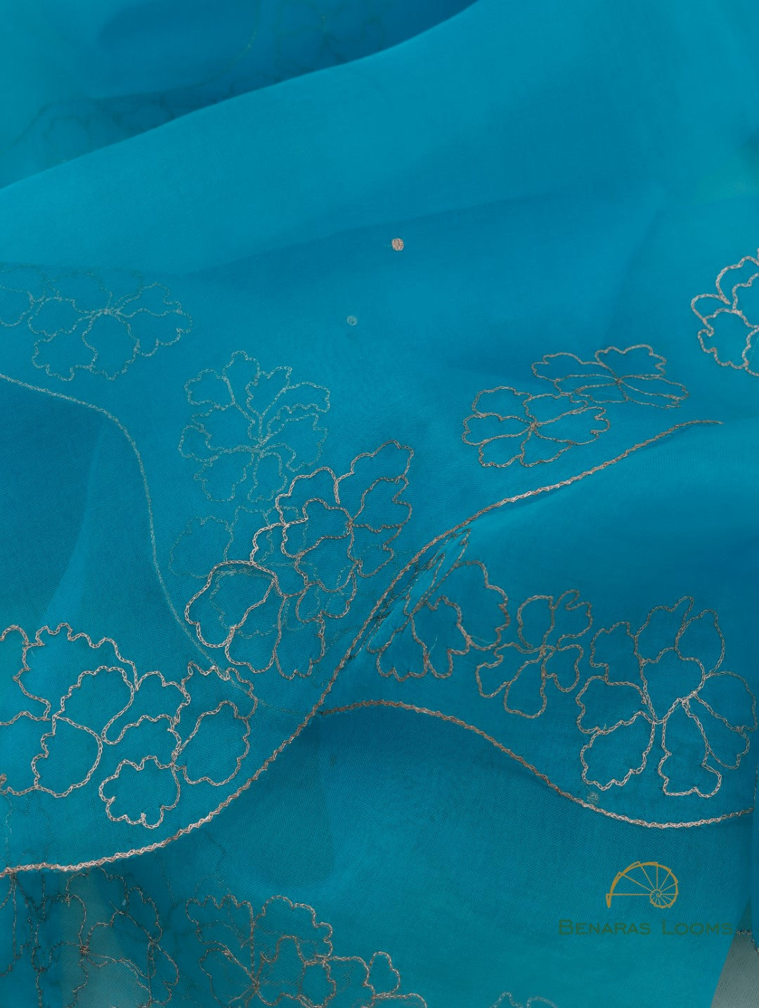 Blue Hand Embroidered Organza Dupatta