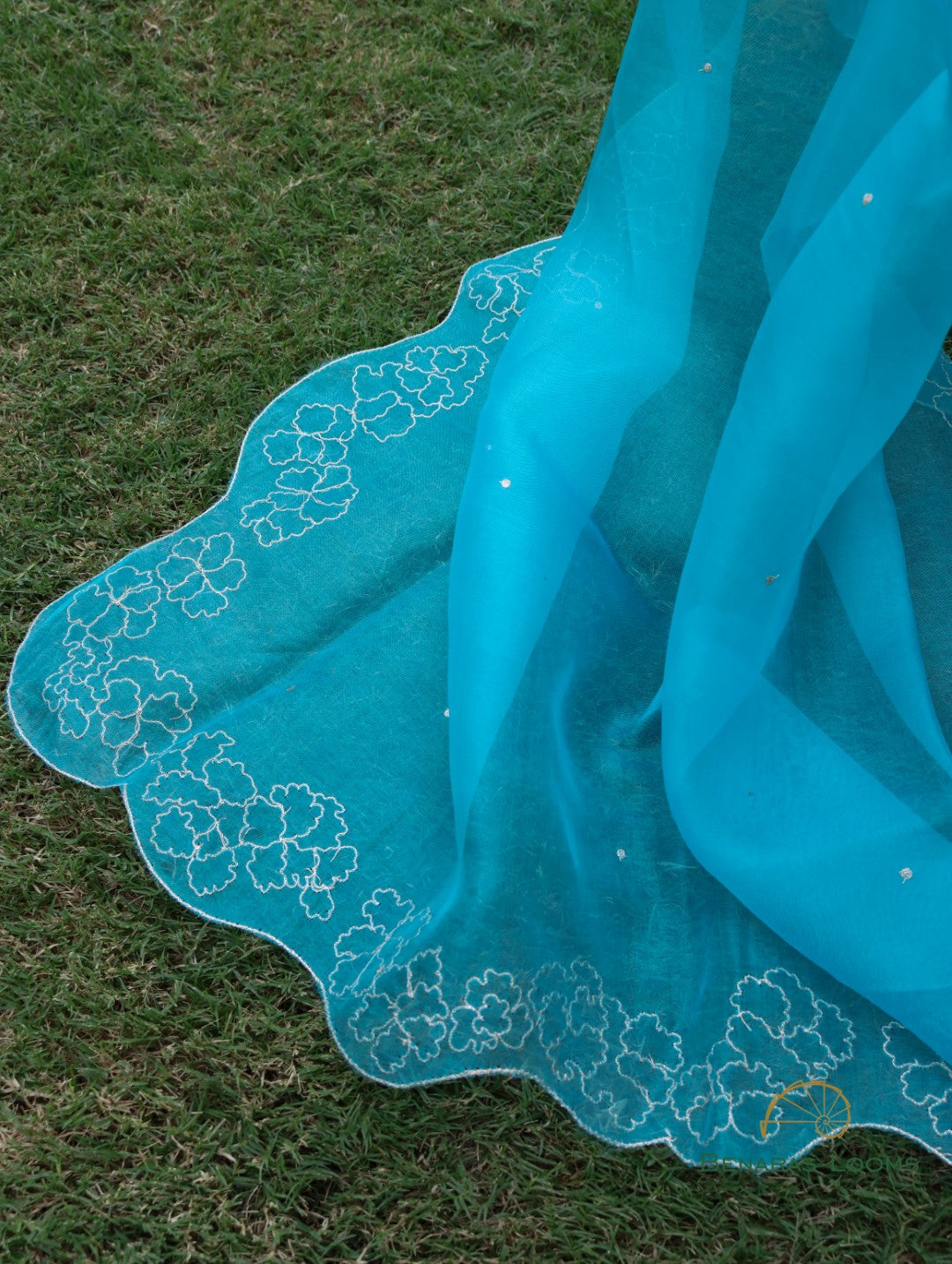 Blue Hand Embroidered Organza Dupatta