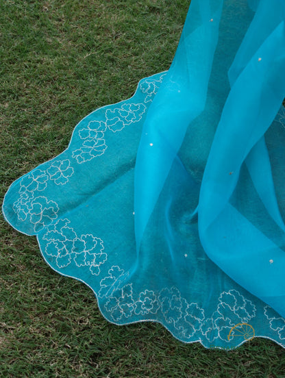 Blue Hand Embroidered Organza Dupatta