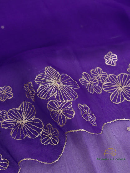 Purple Hand Embroidered Handwoven Organza Dupatta