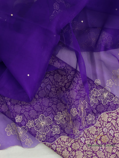 Purple Hand Embroidered Handwoven Organza Dupatta