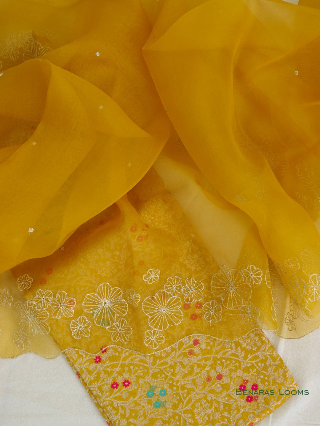Yellow Hand Embroidered Handwoven Organza Dupatta