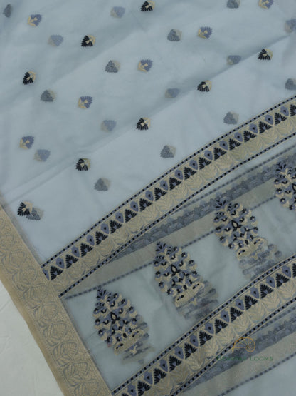 Powder Blue Floral Three Piece Banarasi Suit Set