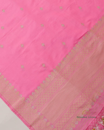 Lemon Yellow &amp; Pink Handwoven Pure Kataan Silk Banarasi Three Piece Suit Set