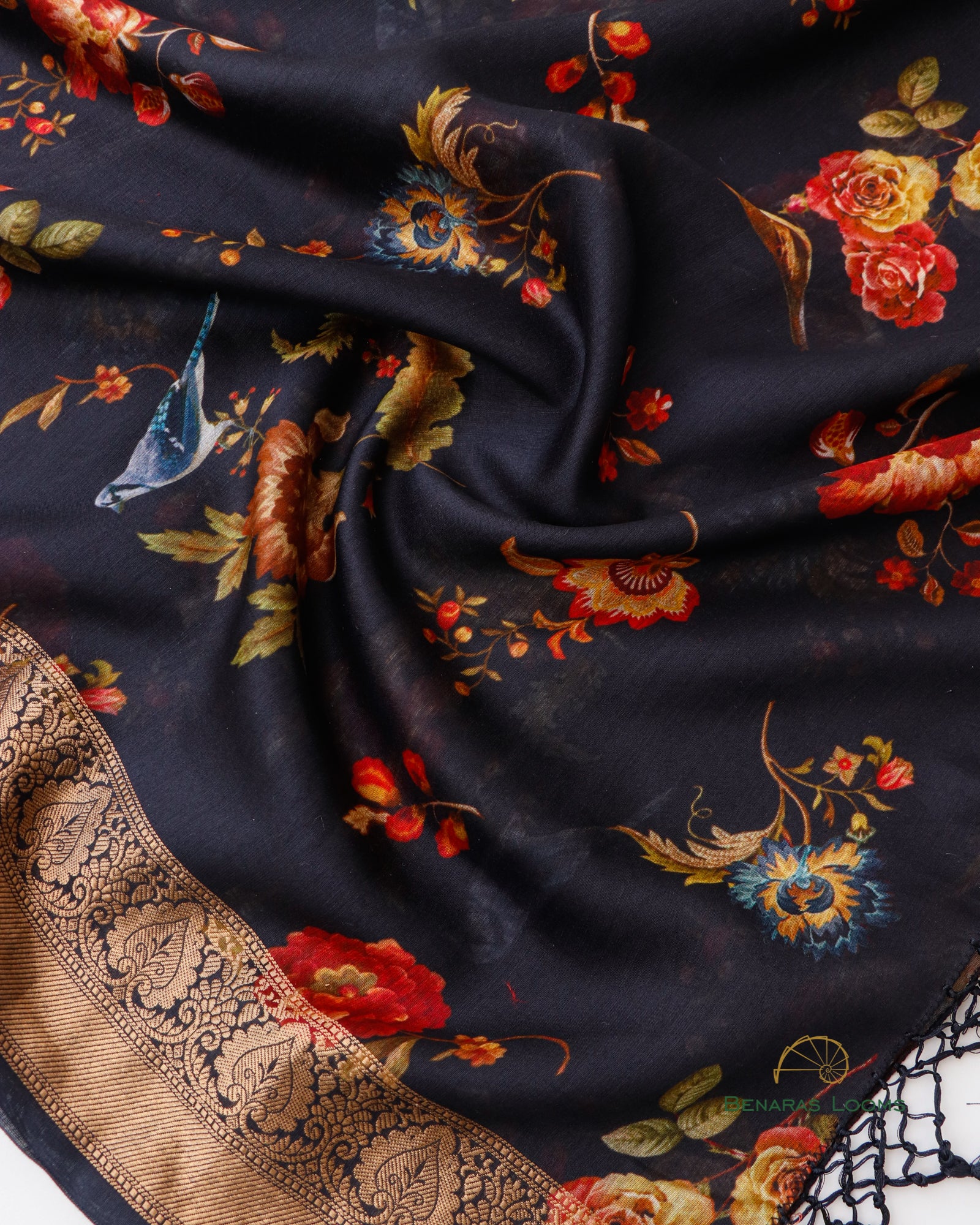 Black Handwoven Pure Digital Printed Munga Silk Dupatta
