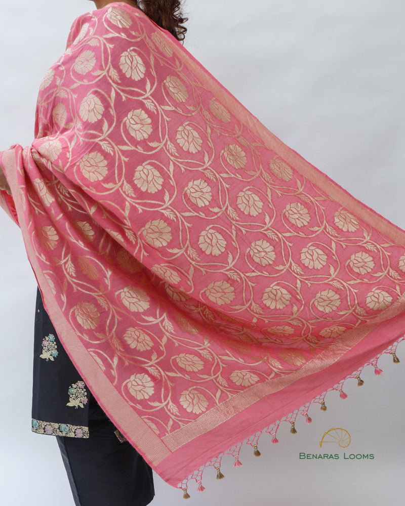 Pastel Pink Handwoven Pure Munga Silk Benarasi Dupatta
