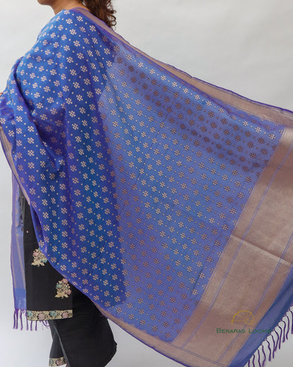Blue Handwoven Pure Kataan Silk Banarasi Dupatta