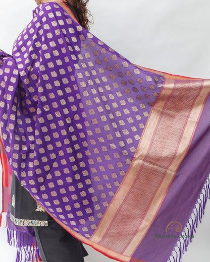 Purple Pure Kataan Kora Silk Handwoven Benarasi Dupatta
