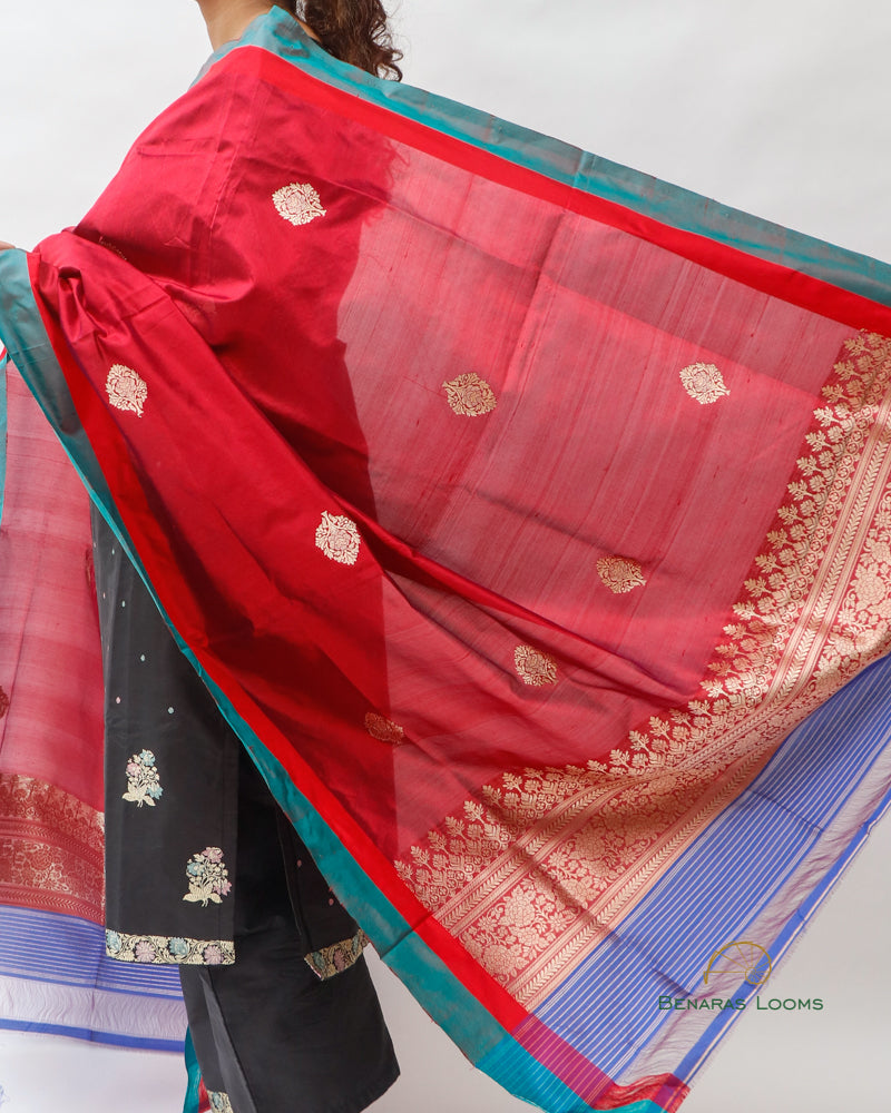 Red Pure Kataan  Silk Kadhua Buti Dupatta with Satin Border